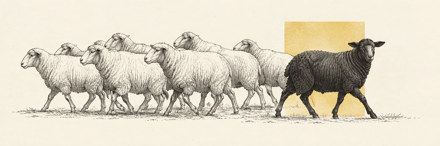 One black sheep walks its own way beside a flock of white sheep.