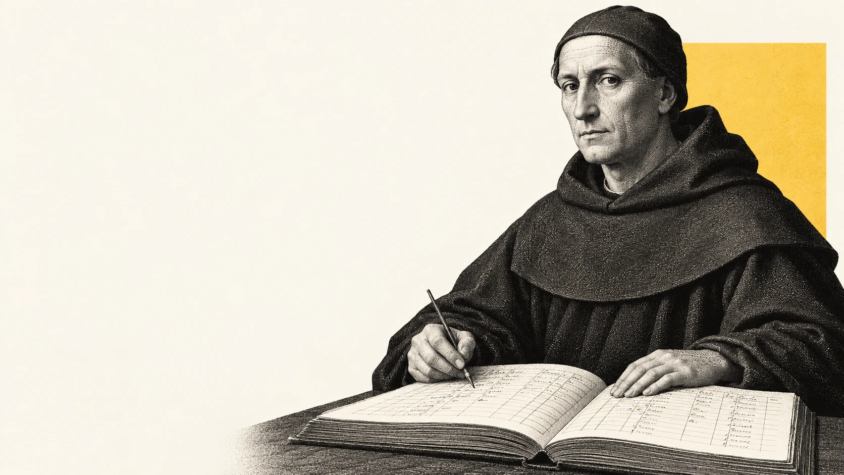 Illustrated Luca Pacioli writing in an accounting ledger.