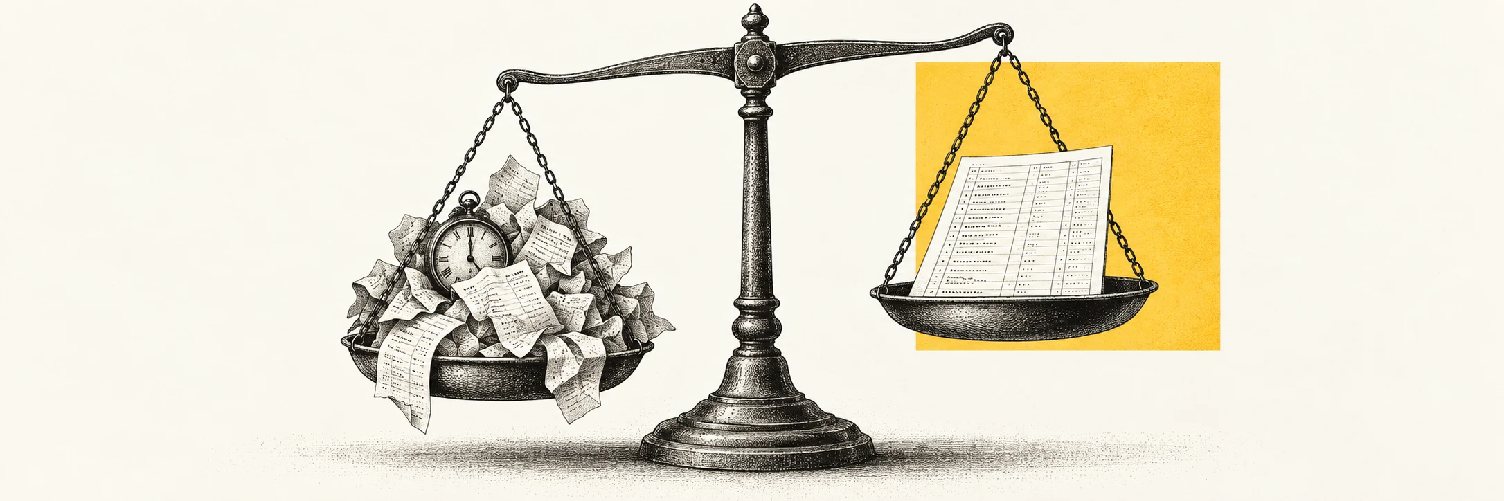 Engraved scales: a heavy pile of receipts and a clock on one side; one orderly financial sheet on the other.